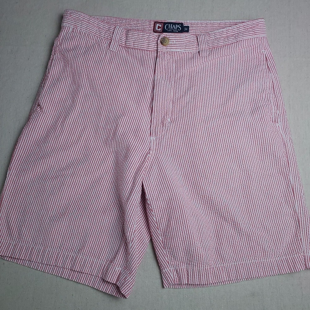 Chaps Mens 34 Red White Seersucker Shorts Cotton Flat Front Preppy Casual - Picture 1 of 10